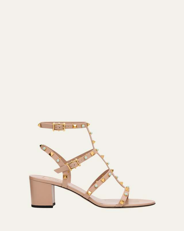 Rockstud Caged Ankle-Strap Leather Sandals